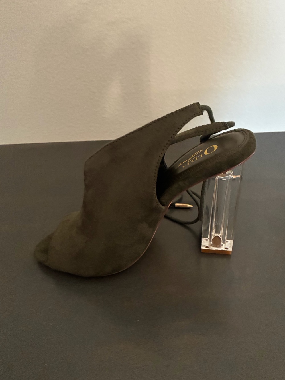 Olivia Miller Olive Suede Open-Toe Slingback with Clear Block Heel